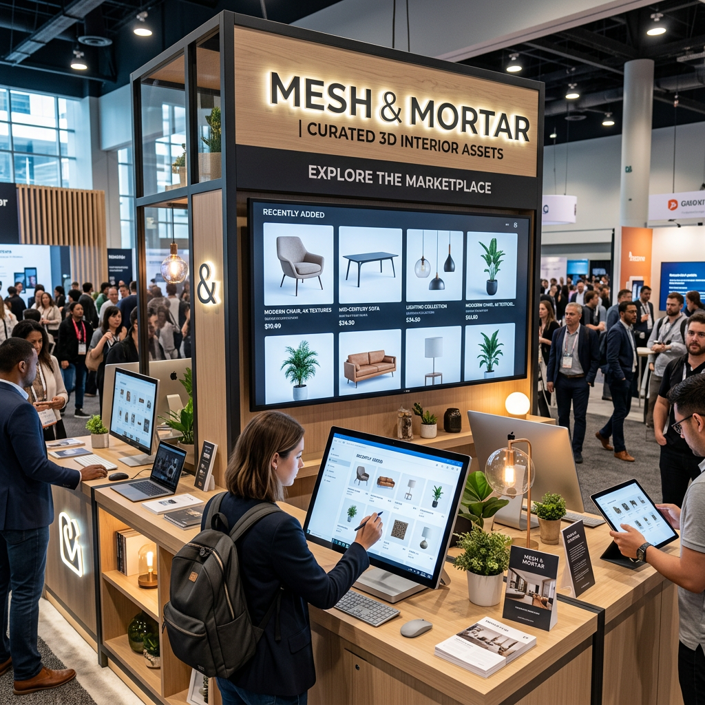 Exhibition booth displaying Mesh & Mortar curated 3D interior assets with interactive computer screens and visitors browsing