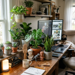 Home office desk with plants, dual monitors, art busts, and drawing materials